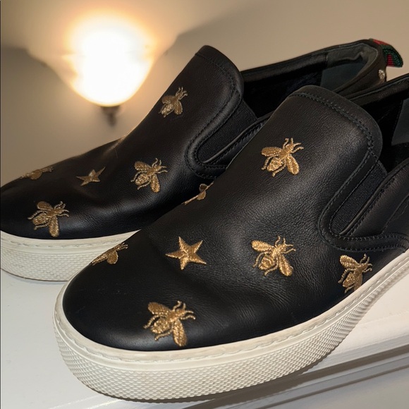 GUCCI Black & Gold Embroidered Bee & Star Dublin Slip On Sneaker Men’s Size 5G 🐝 - Picture 12 of 16